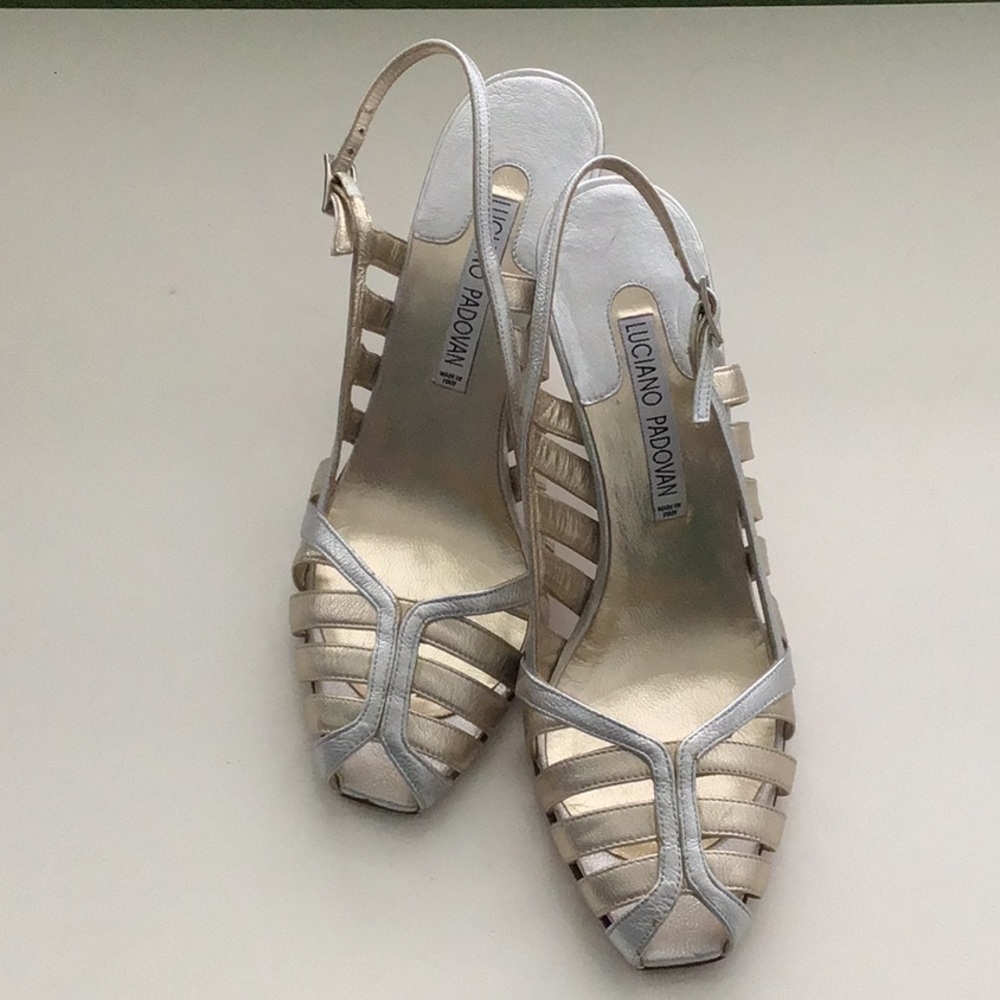 Gold and silver metallic peep toe 3 inch heels